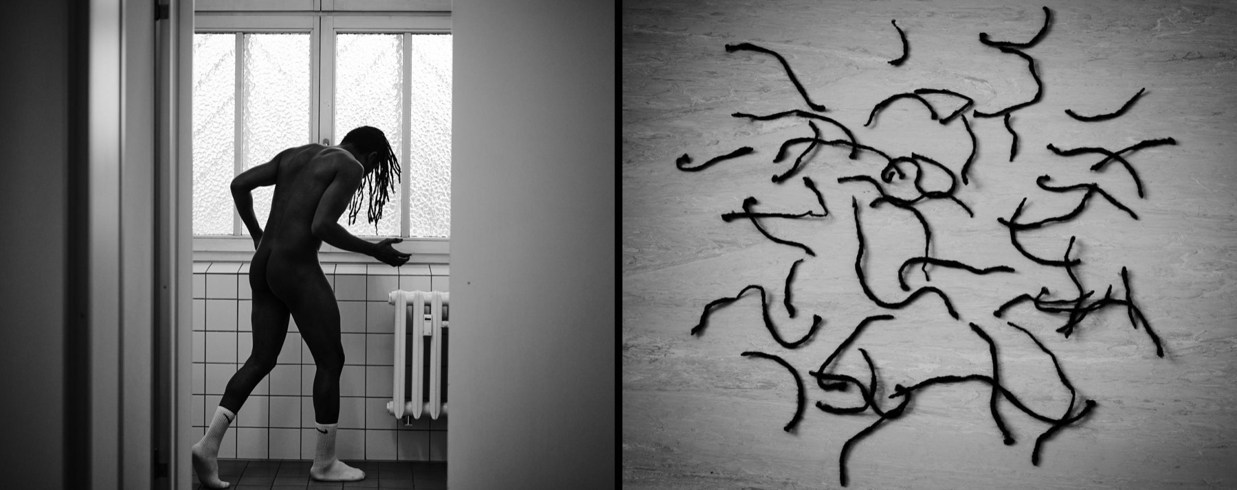 A diptych in black and white. On the left a figure crouches at a window in a bare room beside a radiator. On the right, a wall covered with a dense tangle of dark curling marks.