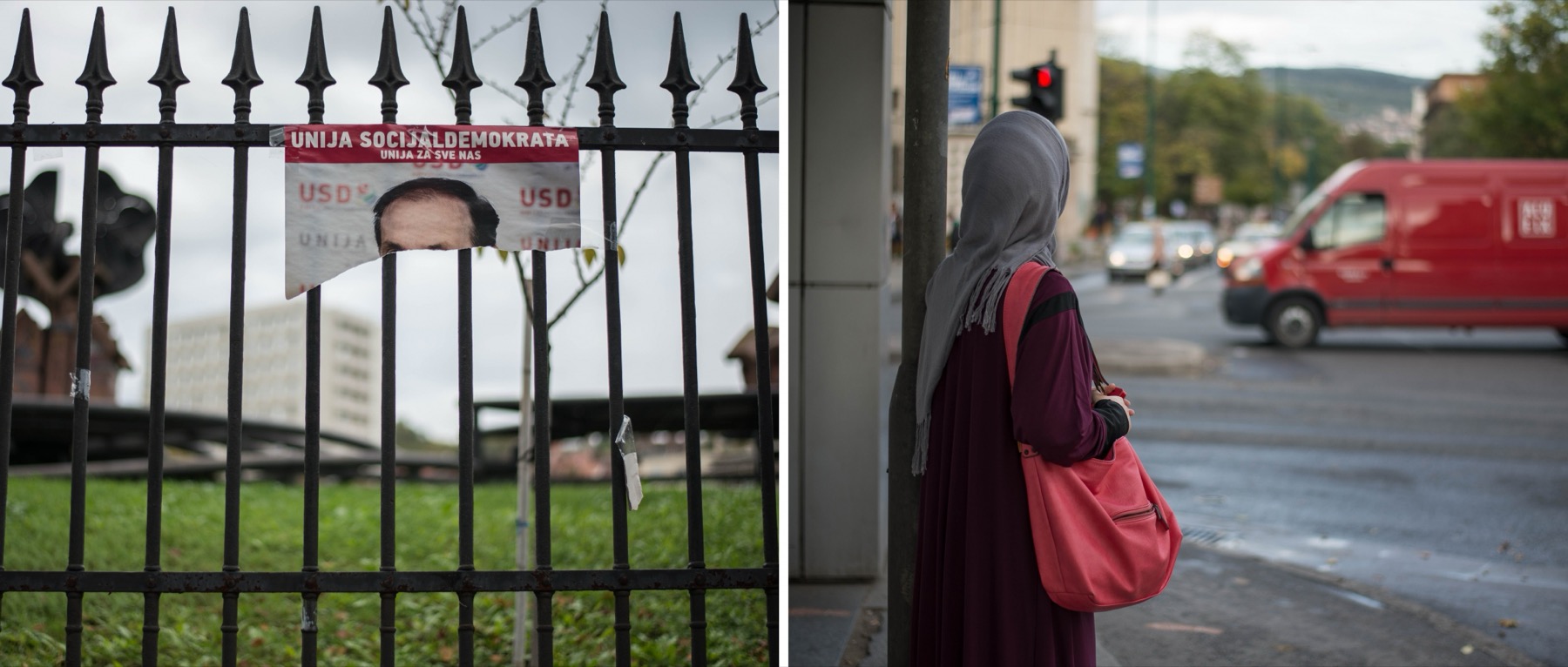 A diptych. On the left an iron railing hung with weathered election posters, one portrait defaced. On the right a woman in a headscarf and dark red coat waits at the roadside as a red van passes.