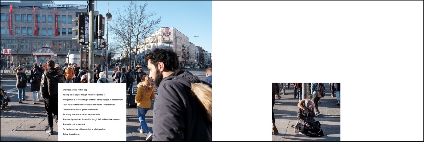 A wide panorama of a Berlin crossing at Hermannplatz — traffic lights, bare trees, a crowd stepping off the kerb — with a block of typed poem laid over the pavement, and, far to the right across an expanse of white, a small inset photograph of a figure seated on the ground.