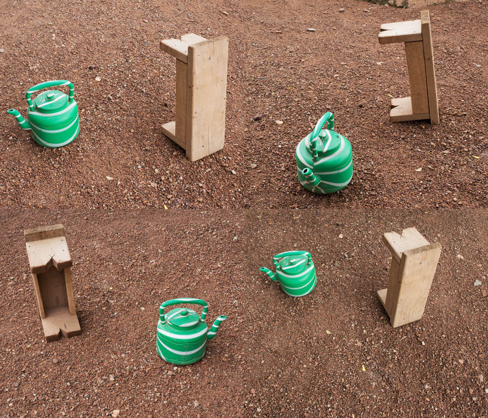 Four panels on red earth: a green-and-white striped kettle and a small wooden stool, set down in a different arrangement in each frame.