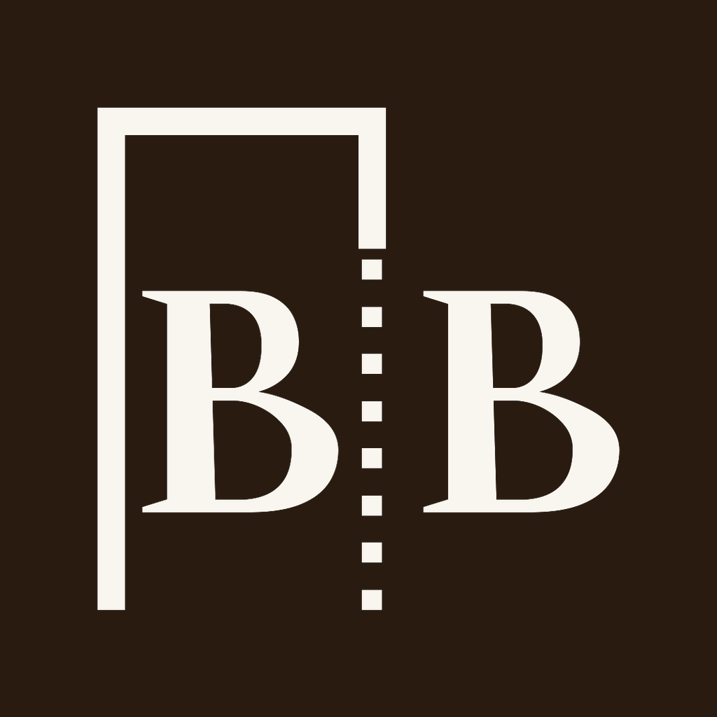 The Borderbeing submark: two serif B’s facing each other across a dotted line, in paper on ink.