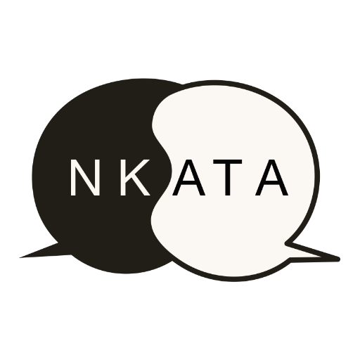 The Nkata mark: two speech bubbles in conversation, one ink and one paper, holding the name between them.