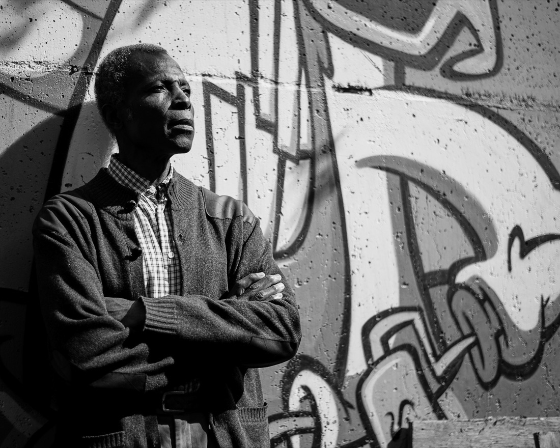 Photographic portrait of Akinbode Akinbiyi, as printed for the installation.