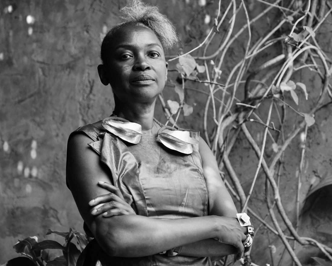 Photographic portrait of Koyo Kouoh, as printed for the installation.