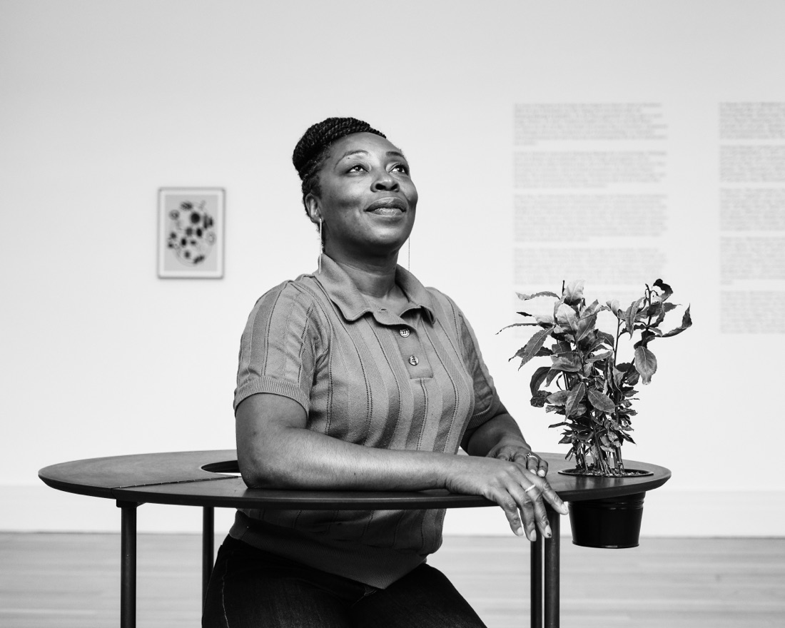 Photographic portrait of Otobong Nkanga, as printed for the installation.